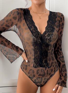 Horn sleeve lace patchwork mesh jumpsuit
