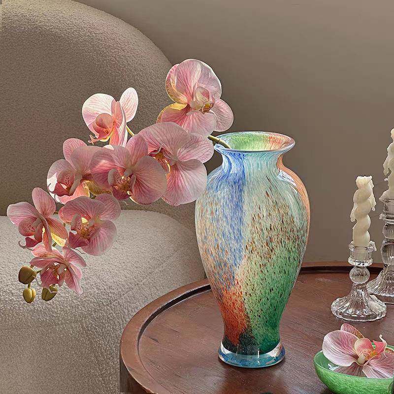 彩色玻璃花瓶 中古琉璃装饰花器高品质法式客厅餐桌插花水养