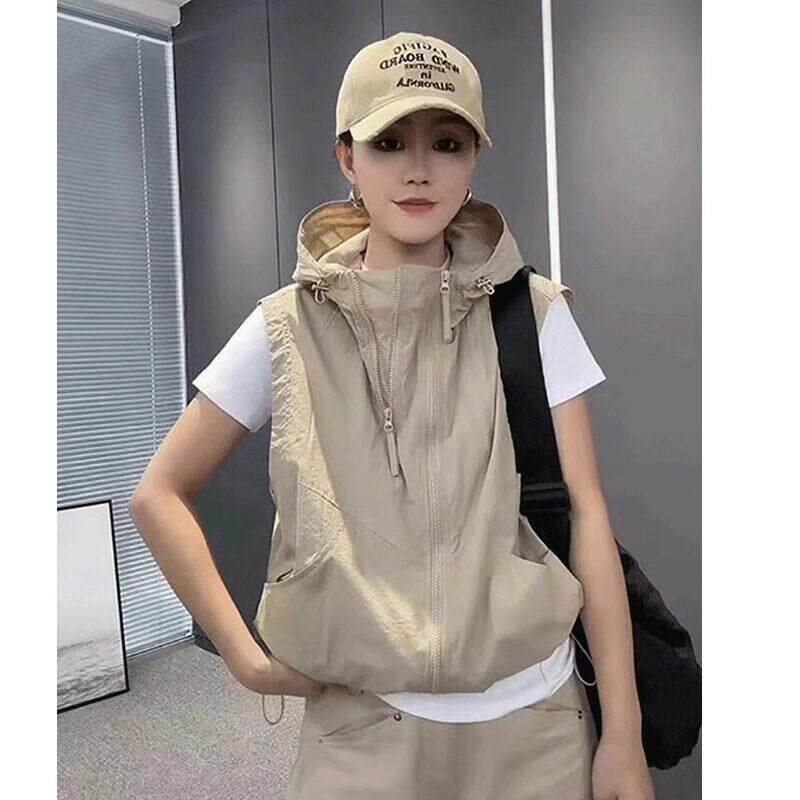 时尚连帽马甲外套女春夏新款休闲百搭设计感双拉链抽绳马夹上衣薄