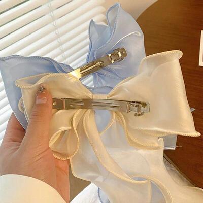 Sweet Chiffon Bow Hair Clips Girls Blue Shining Satin Bowkno