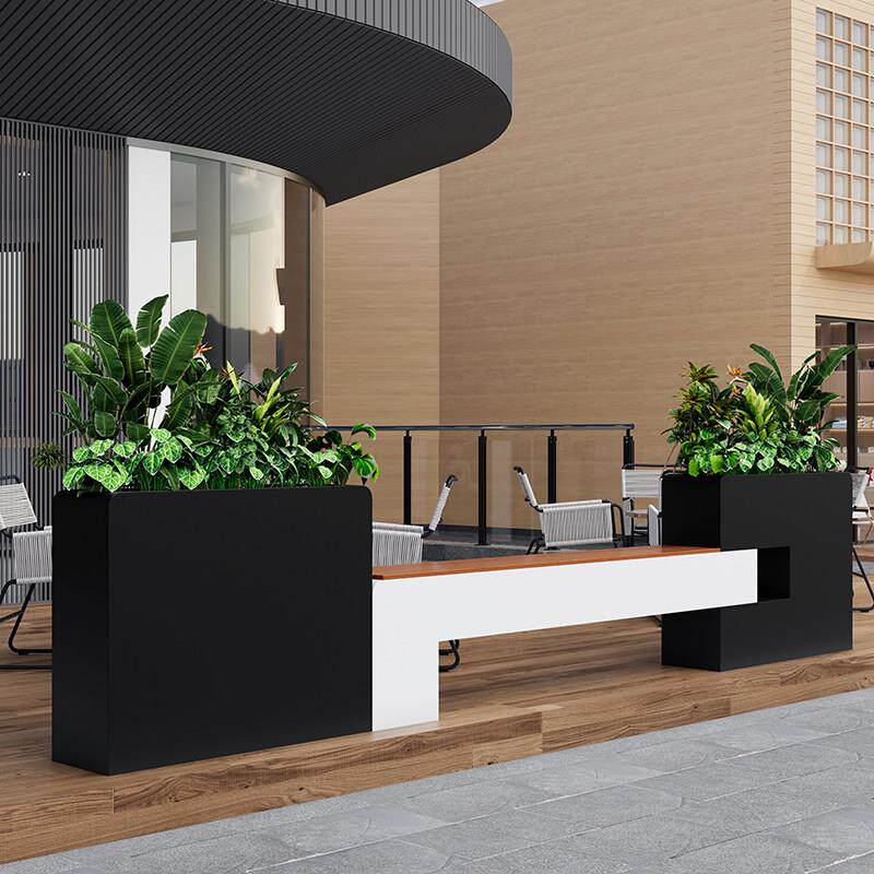 室外花箱座椅组合商业街外摆隔断围栏休闲防腐木坐凳成品铁艺花槽