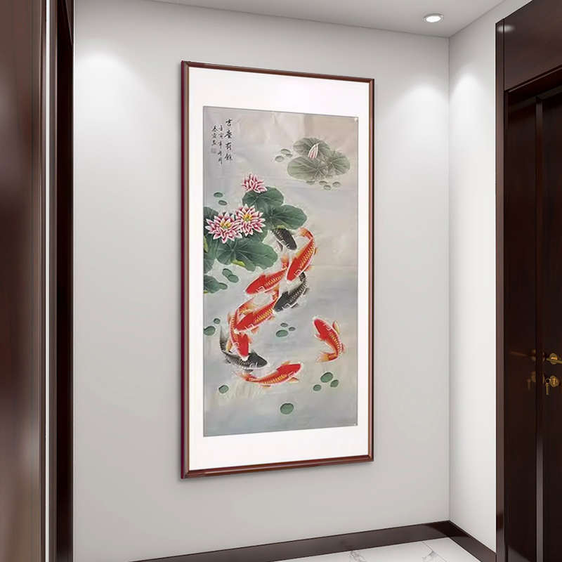 牡丹九鱼图挂画新中式入户玄关装饰画进门走廊壁画纯手绘餐厅墙画图片