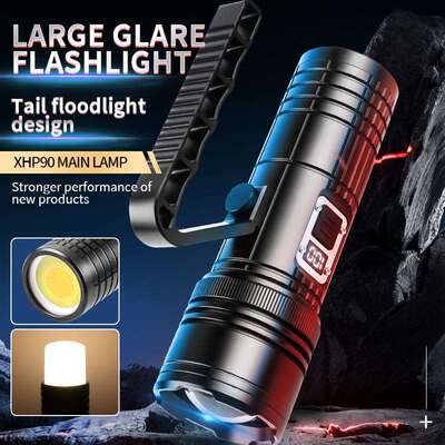 跨境新款XHP90+COB 多光源数字显示强光可拆卸手提灯多功能手电筒