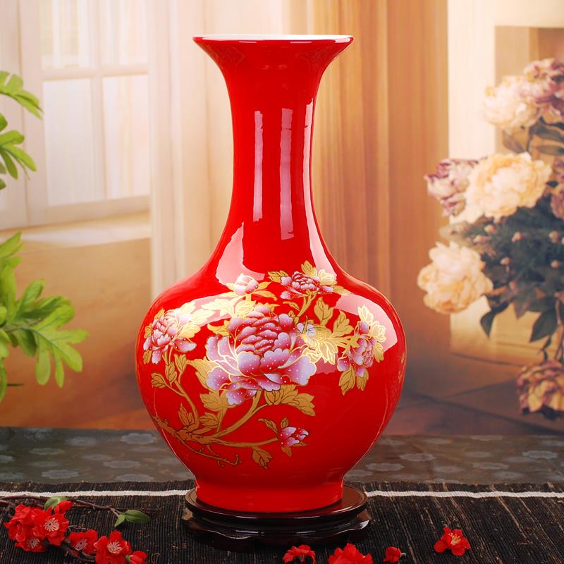 正品景德镇中国红牡丹陶瓷花瓶迁摆庆件 2客厅卧室喜结婚乔送礼大