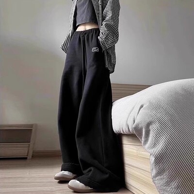 Ader宽松卫裤女2025秋冬新款高腰显瘦直筒阔腿裤加绒休闲拖地长裤