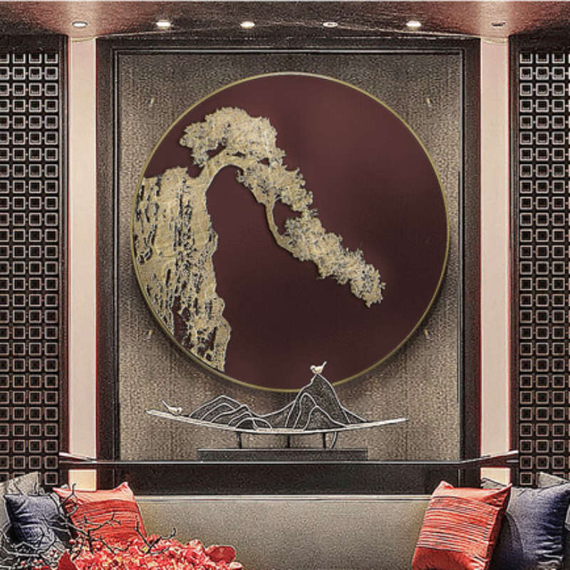 新中式圆形迎客松装饰画入户玄关肌理浮雕软装样板房高端挂画图片
