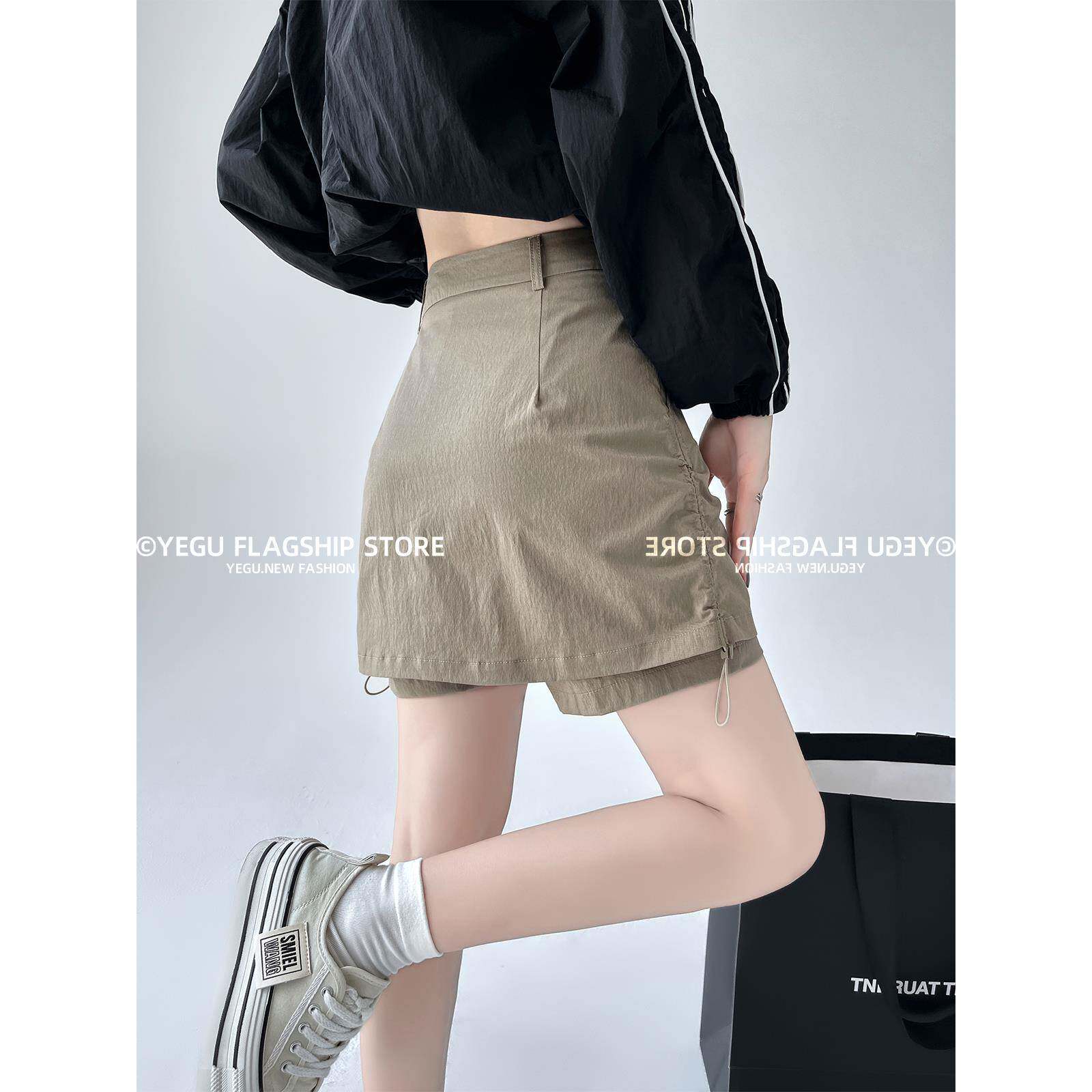 卡其色工装短裙女设计感小众抽绳美式裙裤显瘦高腰A字包臀半身裙