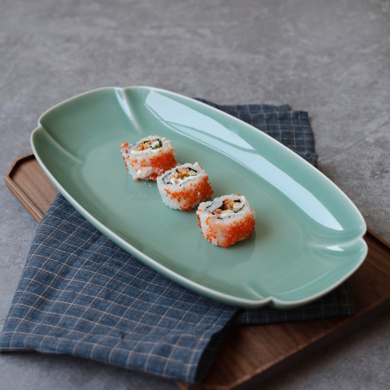 龙泉青瓷个性天青釉家用蒸鱼盘大号菜盘纯色长形盘子餐厅酒店餐具