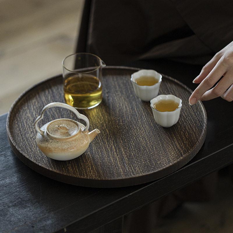 新中式壶承柚木圆形小茶盘干泡台实木茶海家用茶具茶杯托盘