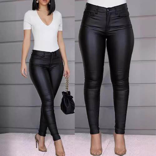 Street High Waist PU Leather Skinny Jeans  Punk Style