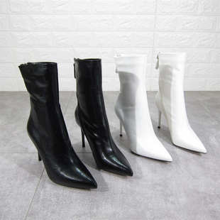 白色细跟瘦瘦靴女2024秋冬新款韩版尖头高跟鞋女职业细跟中筒靴子