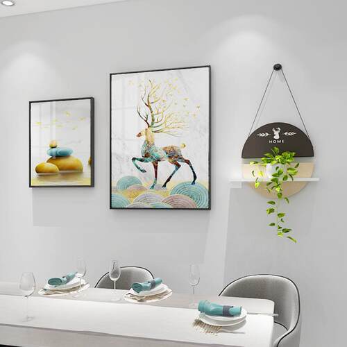 新款直销新中式铝合金发财鹿画餐厅装饰画置物架组合卧室沙发背景