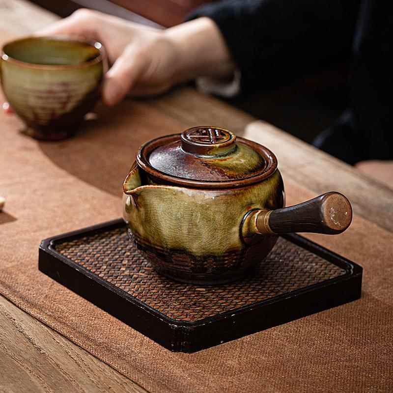 柴仿古烧流把普釉侧把壶复古窑变陶CS167瓷大容量过滤茶具实木侧