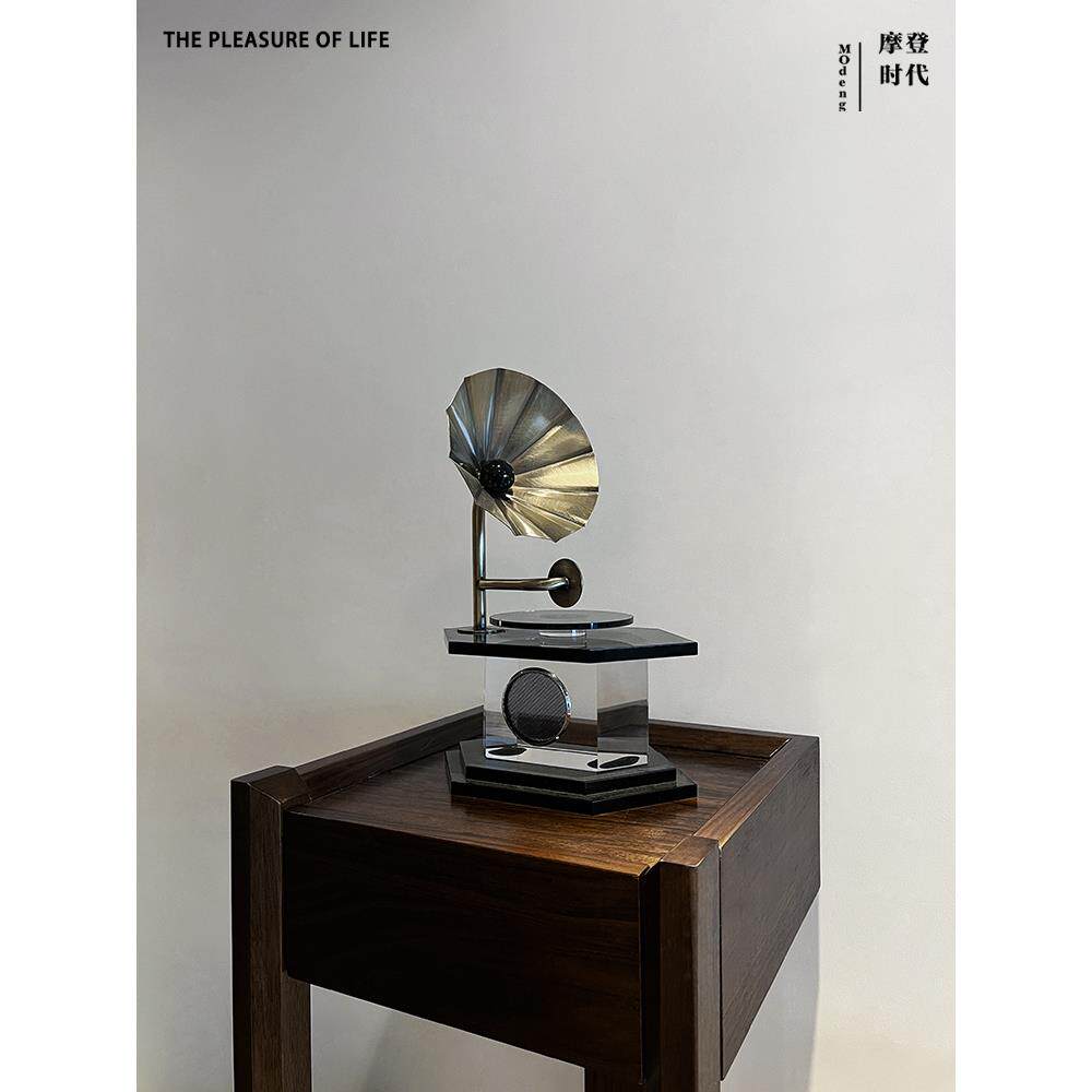 现代简约轻奢水晶覆古留声机摆件样板间办公室创意cd唱片机装饰品
