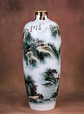 重工山水花瓶八旬杰出书画艺术家谢惠堂手绘花瓶家居装饰收藏摆件