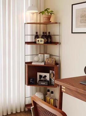 实木转角置物架不锈钢三角展示柜客厅多功能墙角卧室中古收纳书架