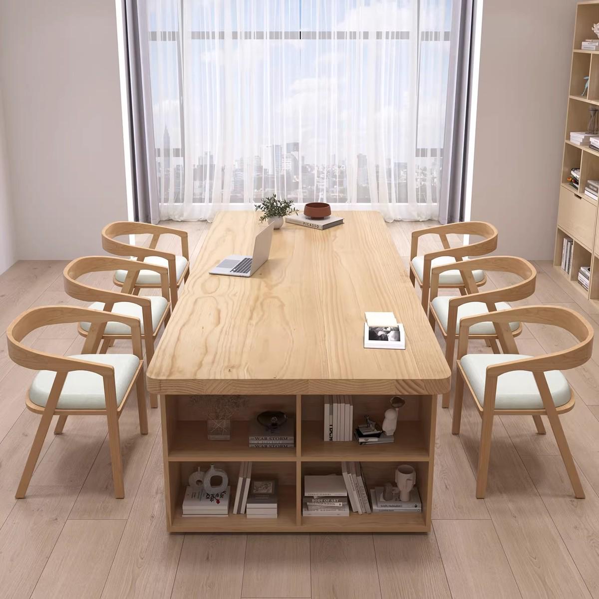 实木客厅大长书桌书架一体家用工作台学生现代简约阅读双人学习桌