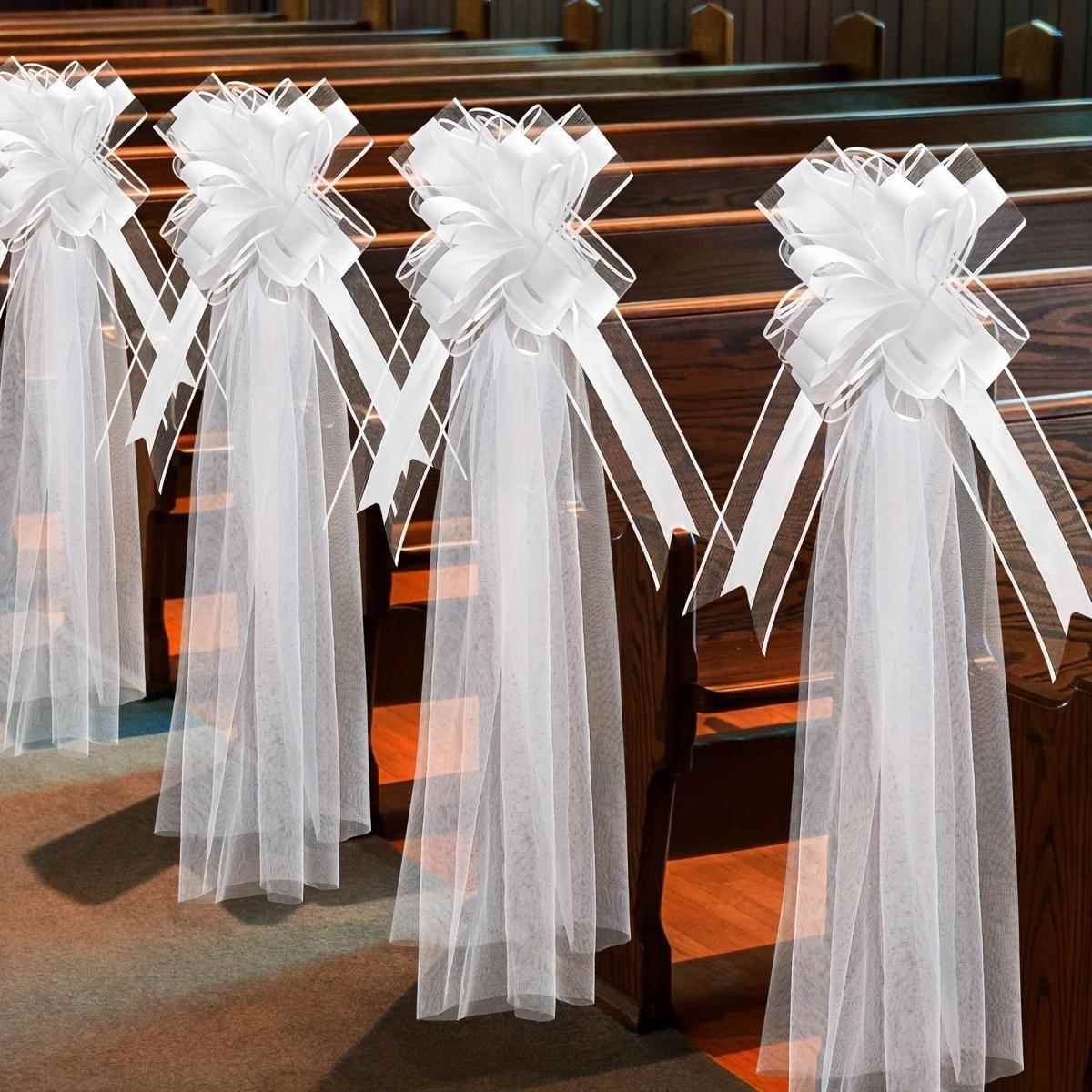 4件套白色婚礼长椅蝴蝶结带长薄纱尾翼教堂椅子过道装饰婚车装饰
