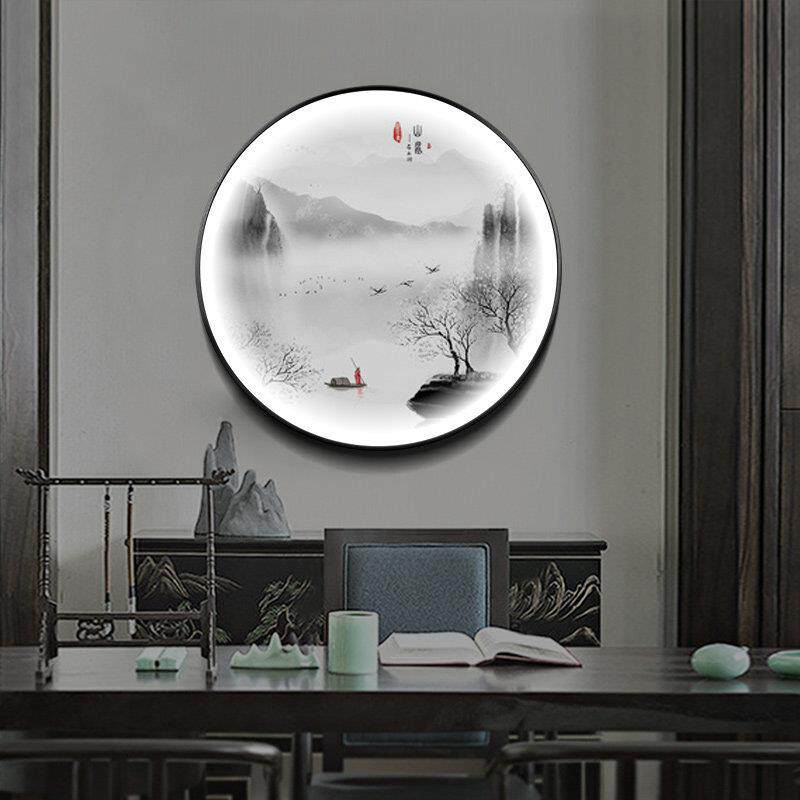 新中式圆形茶室装饰led带灯光画入户玄关背景墙山水办公室壁挂画