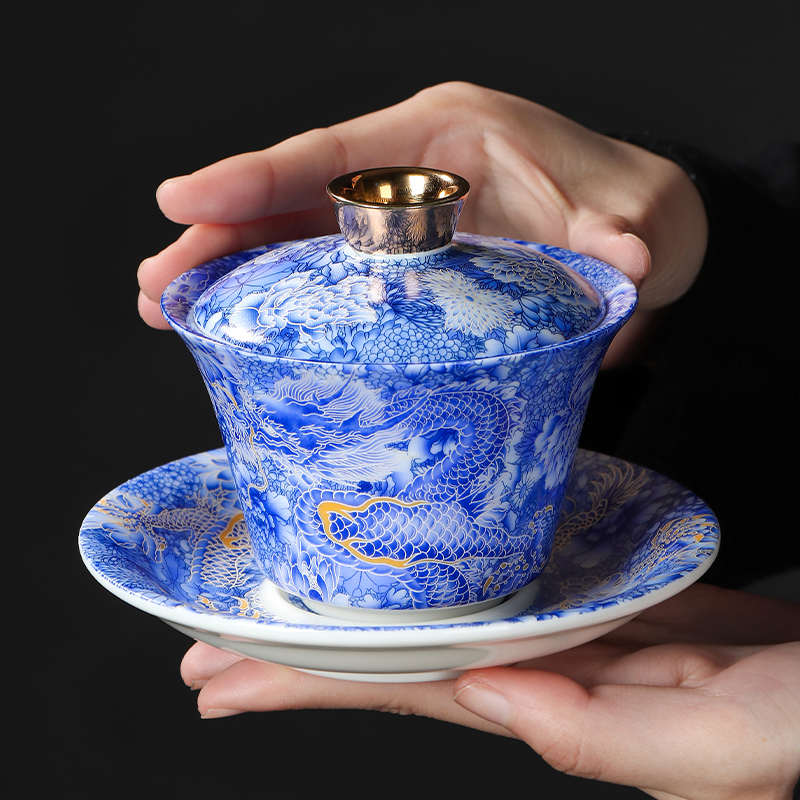 龙年陶瓷三才盖碗可旋转悬停家用办公室泡茶功夫茶具茶碗商务礼品