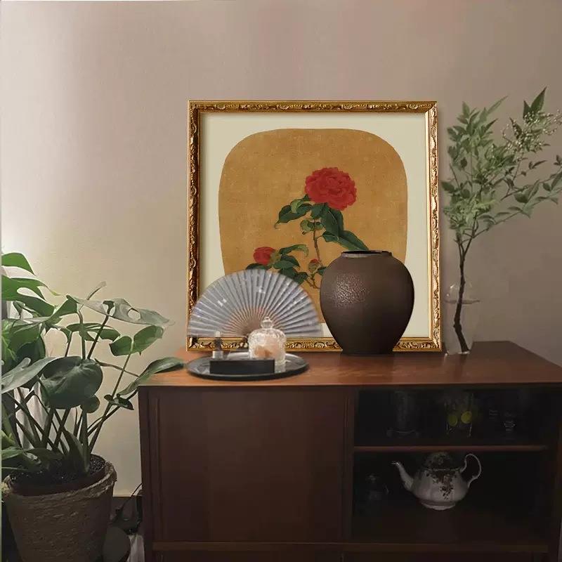 法式关复古山茶花画客厅玄装饰国新中式中风餐al202311厅书房红色