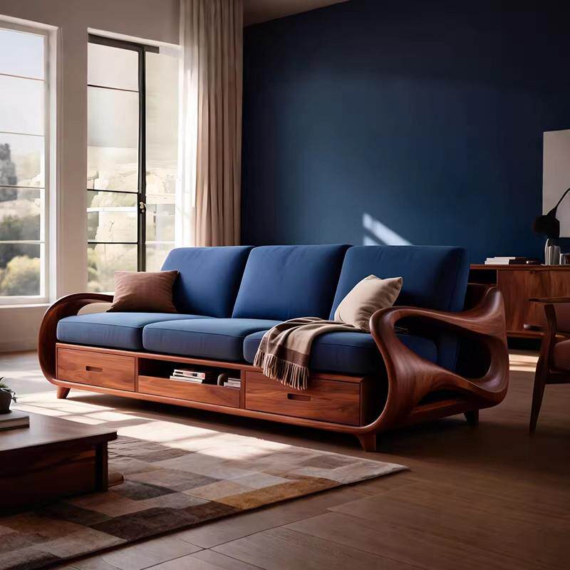 新中式实木沙发2026新款高端黑胡桃木设计款大户型客厅直排沙发