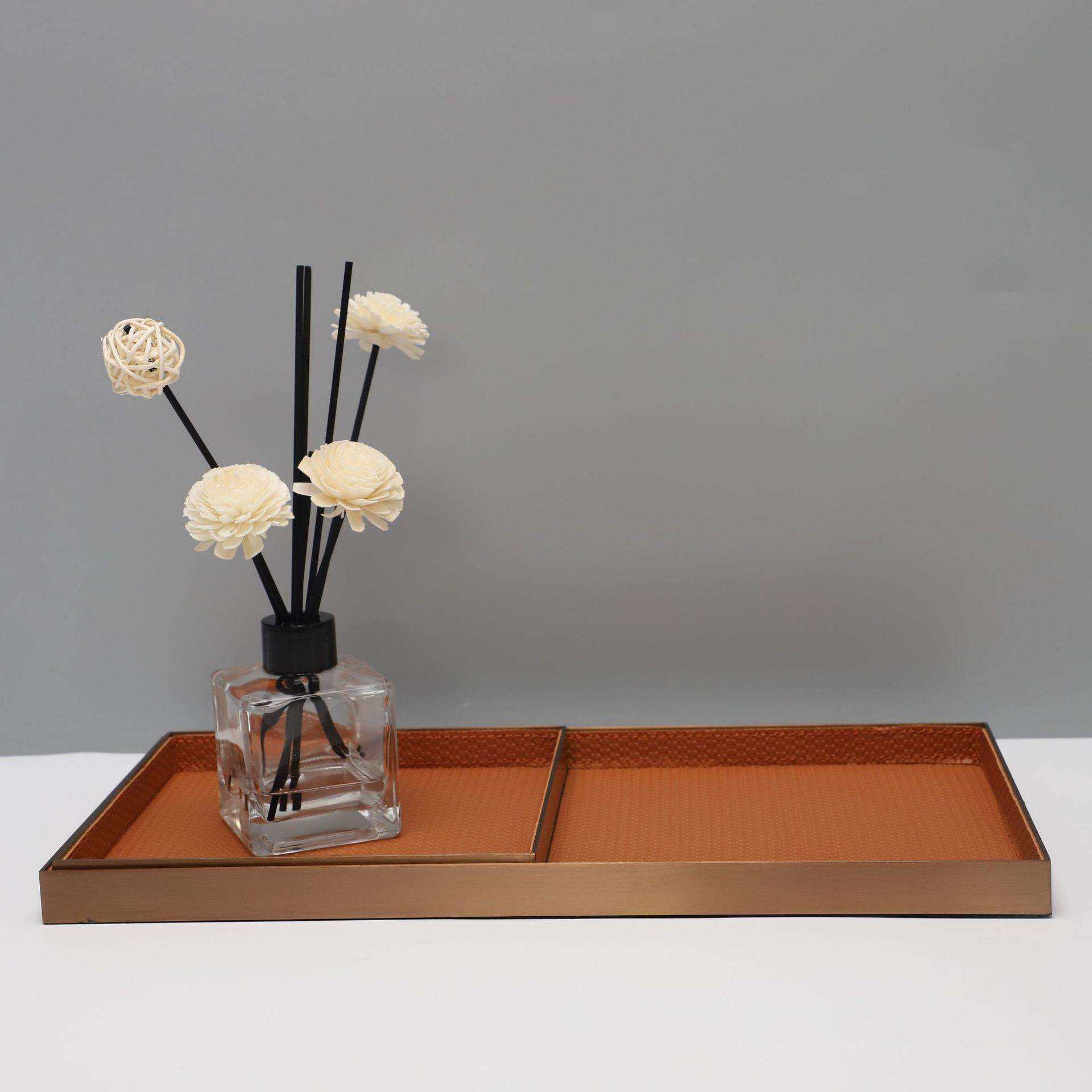 新中式金属皮革托盘创意家居艺术客厅样板间书房桌面软装饰品摆件