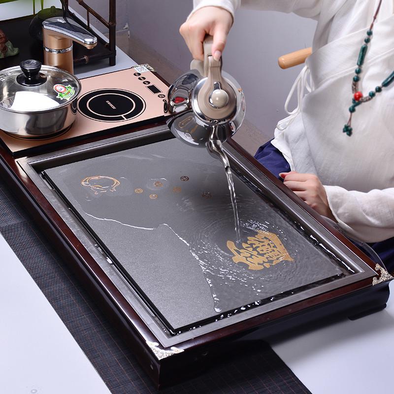 茶盘乌金石头实木家用茶海功夫茶具变色大小号茶台简约托盘排水仿