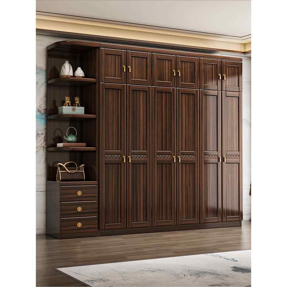 新中式乌金木实木衣柜三四五六门现代简约家用卧室对开门储物衣橱