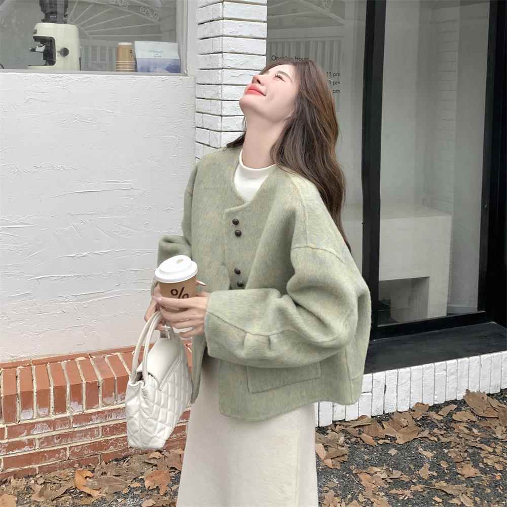 小香风绿色双面呢羊绒外套女秋冬工作服定制