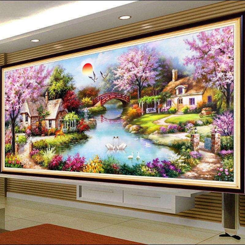 十字绣2020新款客厅家园花园小屋全景风景欧式大幅山水画线绣