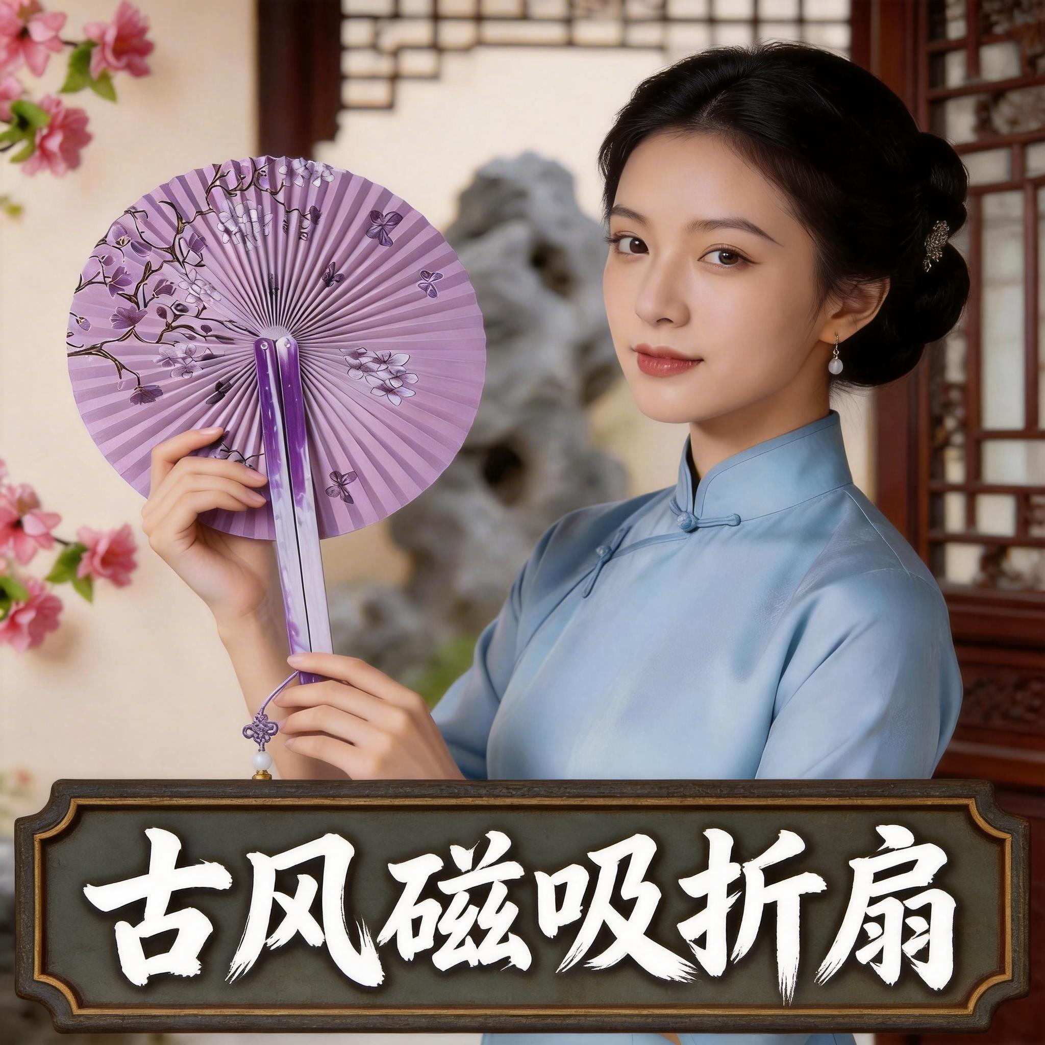 折叠扇子古风2025新款便携可随身携带加厚磁吸团扇中国风手摇加厚