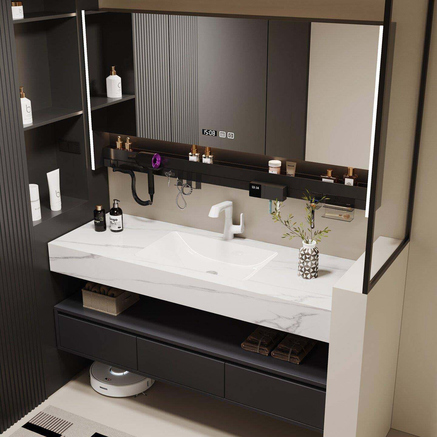 酒店风浴室柜岩板无缝一体盆洗漱台实木洗手洗脸盆柜组合现代简约,家装主材,浴室柜组合,淘宝优惠券,粉丝福利购,淘宝优惠卷