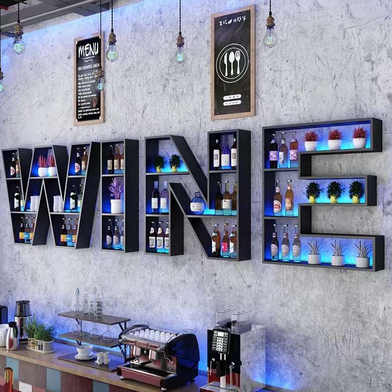 铁艺创意字母酒架挂墙酒吧酒架餐厅壁挂墙上发光装饰架吧台红洒架