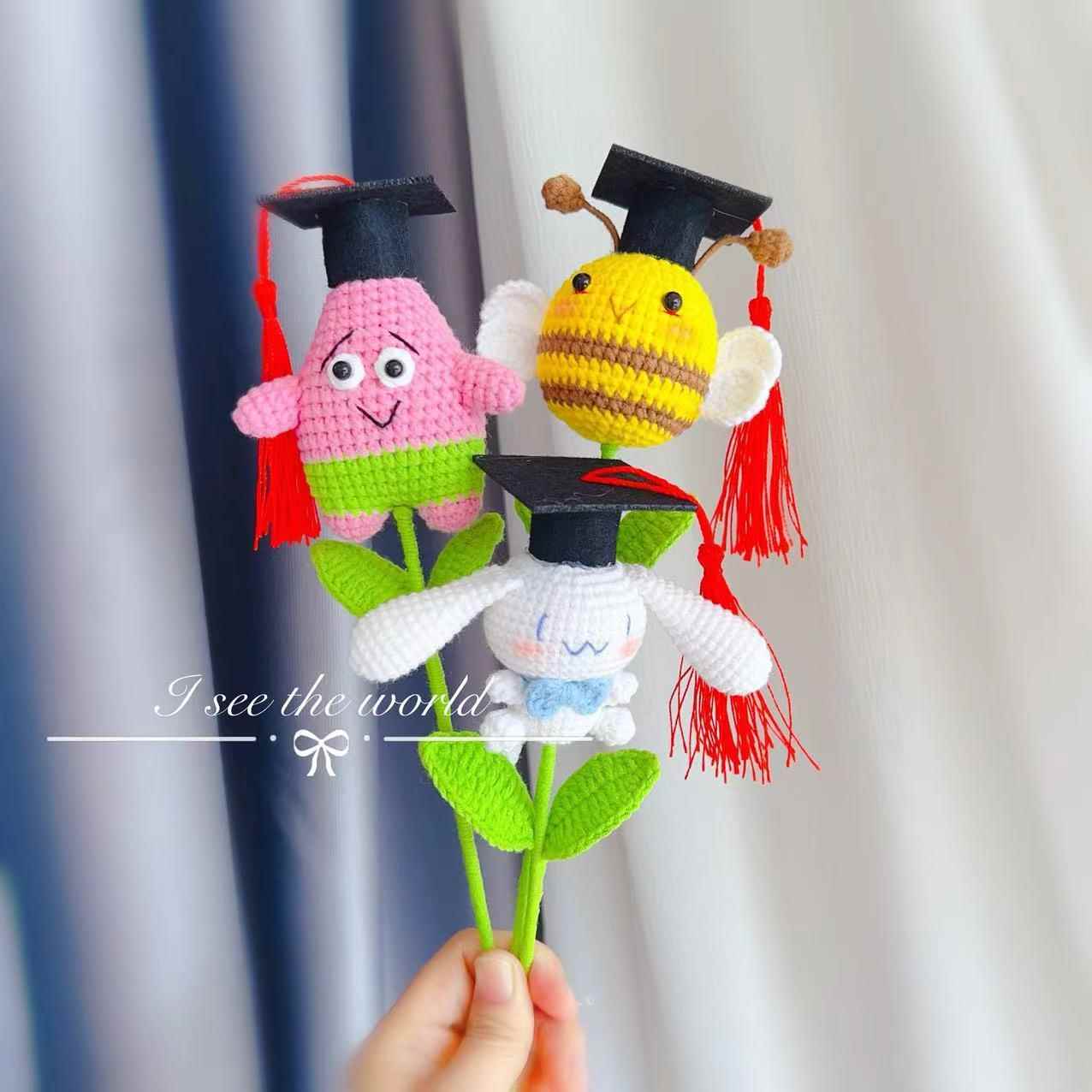 成品毛线 线手工编织博士帽向日葵毕业公仔创意毕业礼物玩偶花束