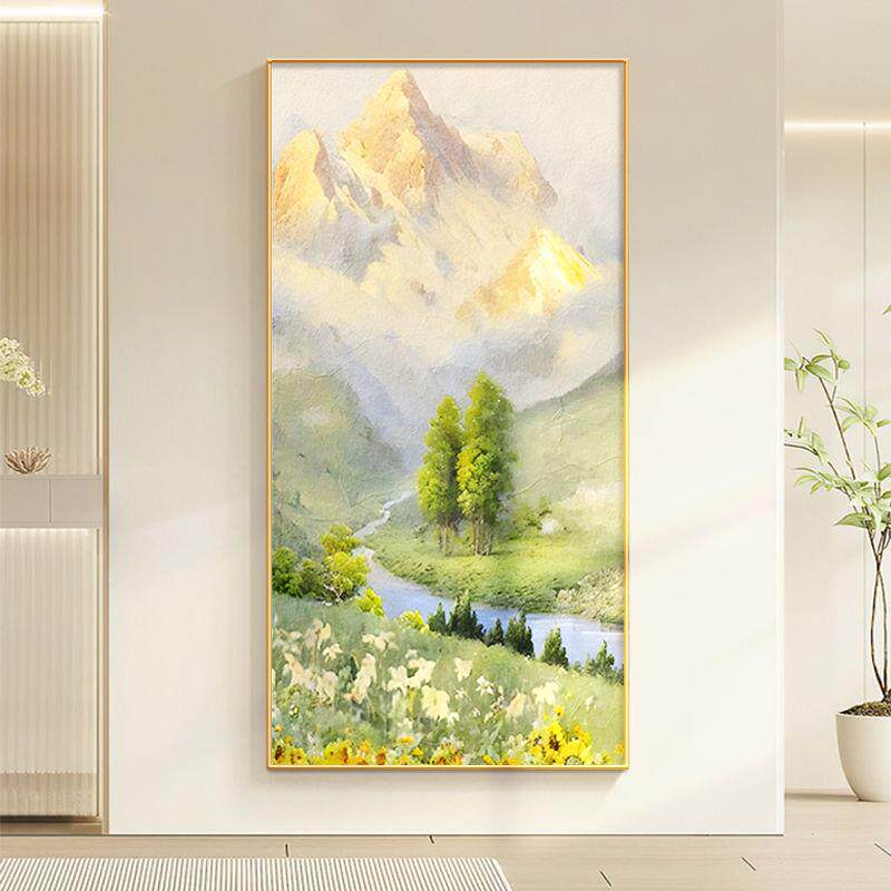 日照金山玄关挂画入户客厅走廊装饰画现代轻奢竖版过道壁画有框画