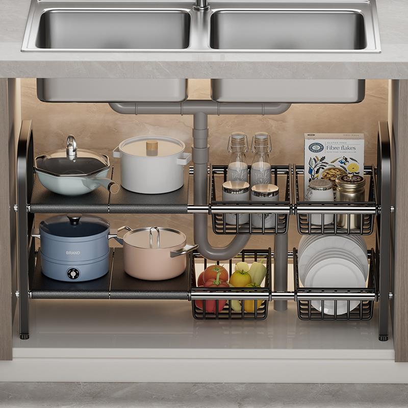 可伸缩厨房下水槽置物架橱柜分层架多功能隔板锅具收纳架整理架子