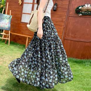 飘逸雪纺半身裙女夏季 宽松大摆蛋糕a字长裙高腰碎花0317r 2026新款