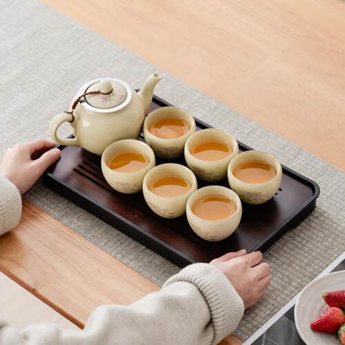 轻奢紫藤花米黄茶具套装汝窑茶杯家用陶瓷功夫茶具带内胆防烫茶壶