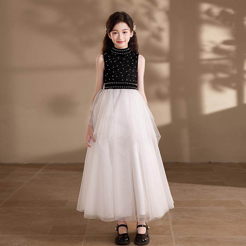 高档钢琴奏演服女童礼黑色显公瘦主演出礼服裙儿童主持表演中大童