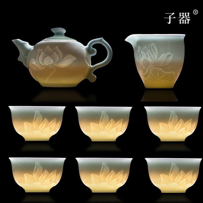 子器景德镇高温影青瓷荷荷美美陶瓷泡茶茶壶茶杯功夫茶具套组女士