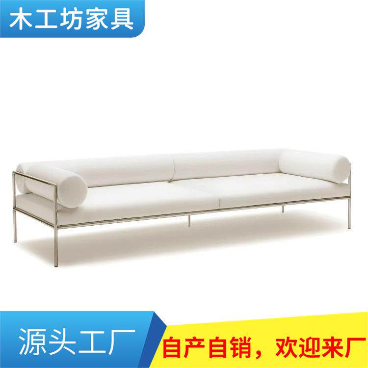 现代简约金属不锈钢布艺沙发单双人三人设计师样板房米白色沙发