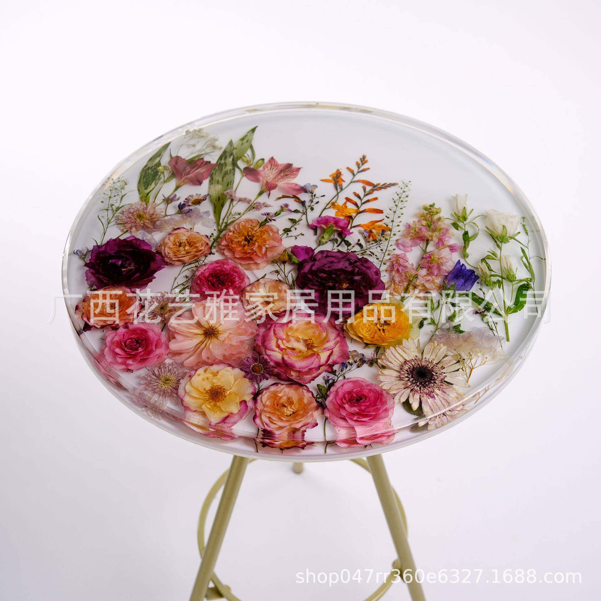 树脂真花镶嵌客厅茶几餐厅家具阳台喝茶桌圆形餐桌餐厅小桌子茶几