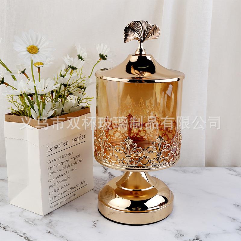 轻奢风金色水晶玻璃带盖装饰储物罐 美式欧式茶几糖果罐装饰摆件