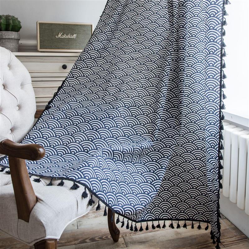 窗帘现代书房简约藏青和风印花流苏日式窗厨房帘棉麻半遮光飘窗