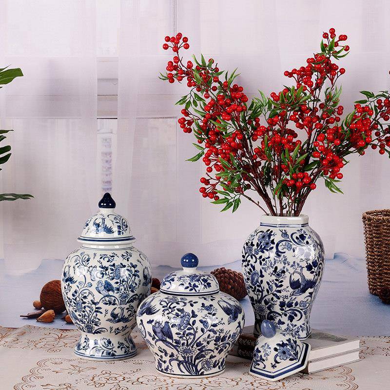 景德镇青花瓷将军罐客厅餐桌陶瓷器插花花瓶家居中式摆件乔迁礼品