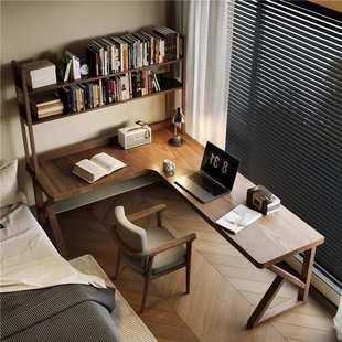 全实木双人转角书桌书架一体L型电脑桌卧室简易学习桌家用办公桌