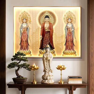 单幅西方三圣画像挂画横版家用供奉装饰画佛堂背景墙高清带灯壁画