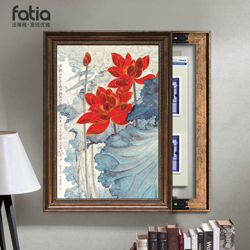荷花电表箱装饰画现代中式竖款免打孔电闸箱挂画配电箱遮挡箱竖版