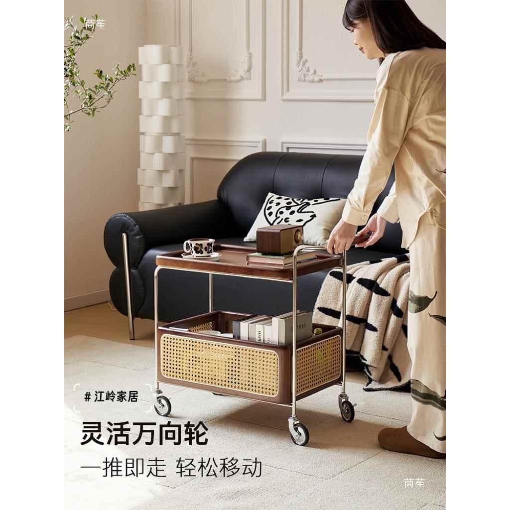 实木12置移藤编小车可动小茶几边几中古角几推沙发茶水车物边柜新